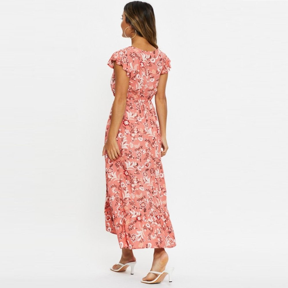 Coral Pink Boho Floral Ruffle Midi Dress NWT - Picture 5 of 10